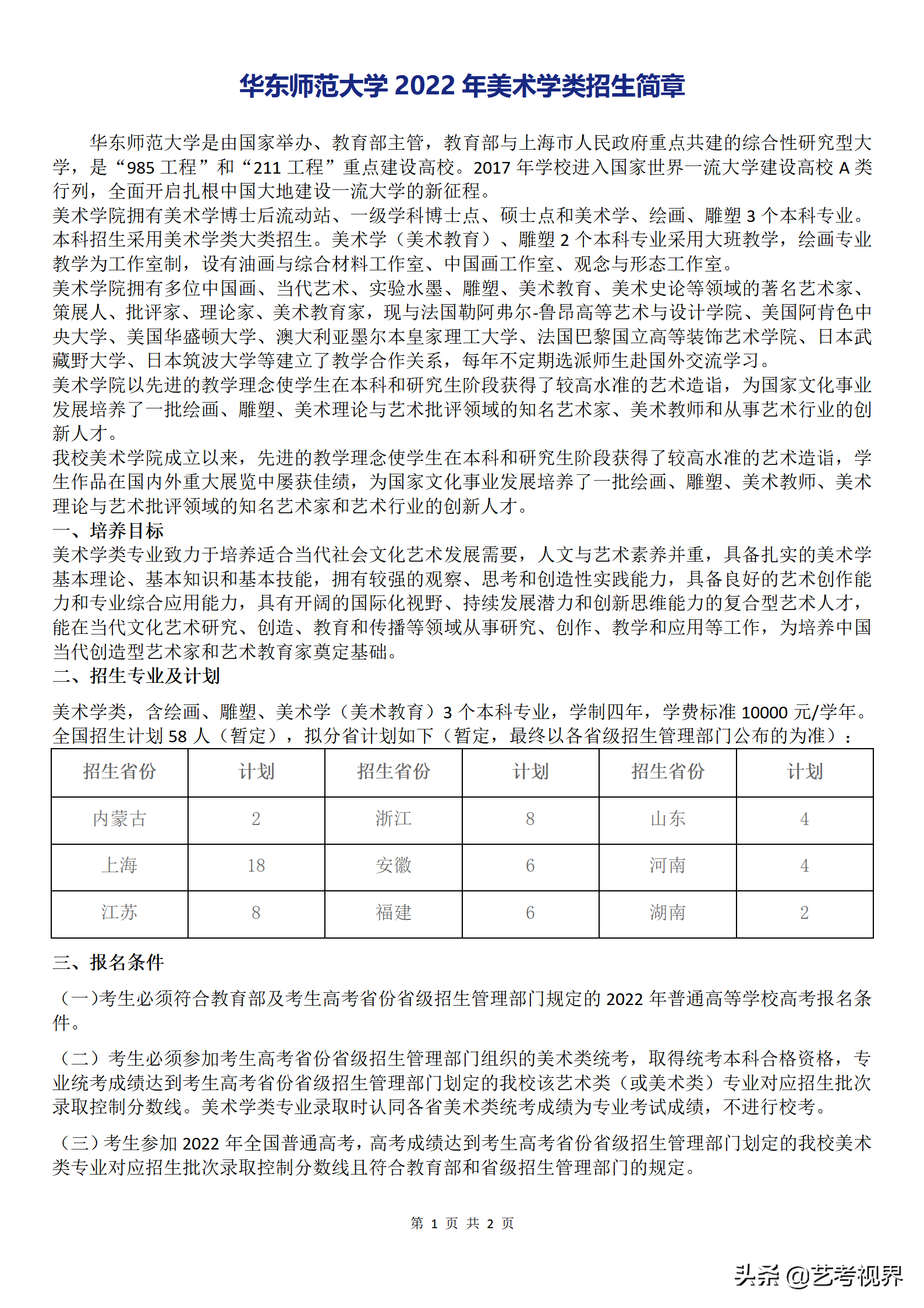 华东师范大学2022年六大艺术类专业招生简章公布，拟招生287人