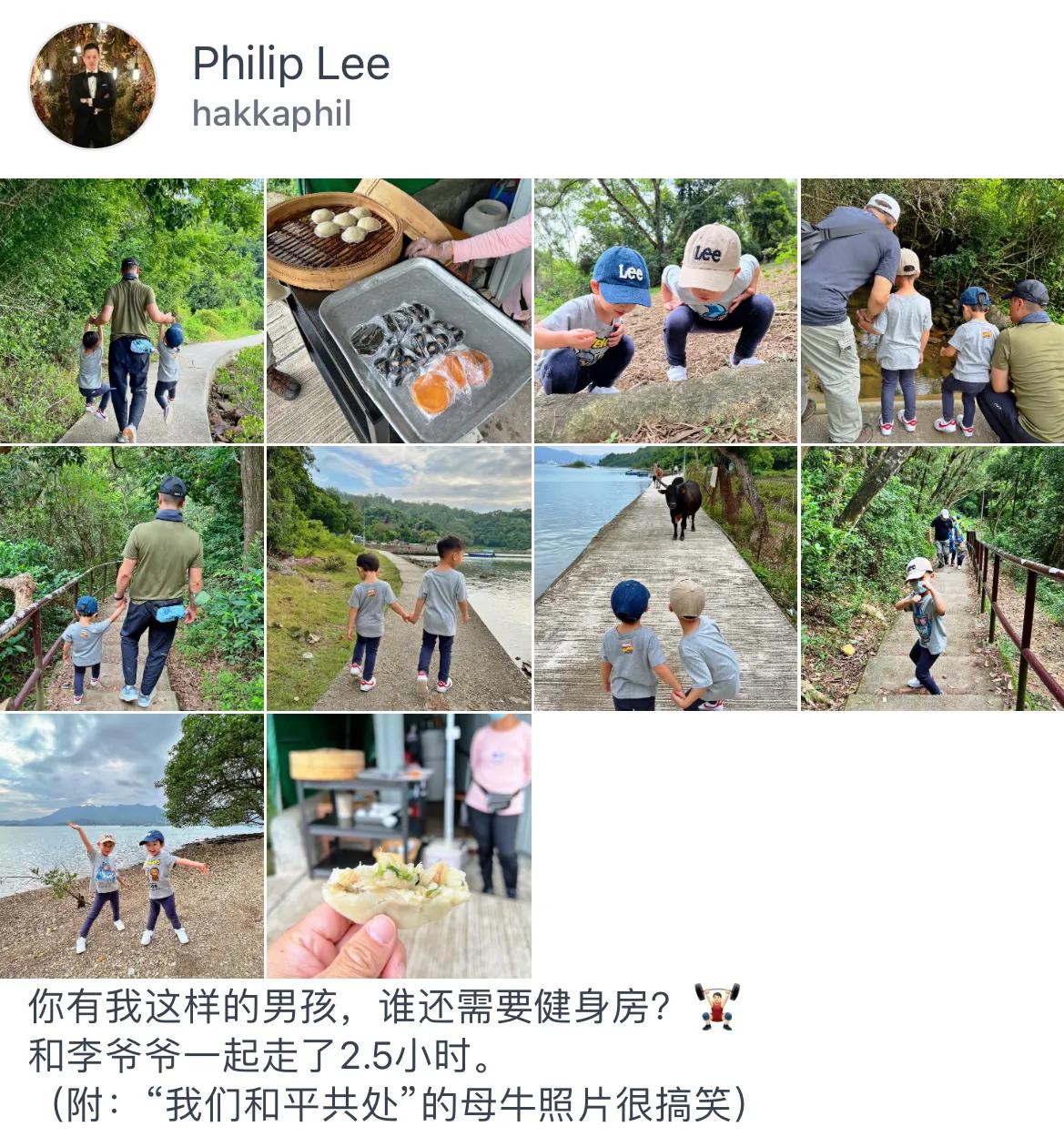 胡杏儿老公晒祖孙三代出游照，一手拎一儿子当健身，大展爸爸力