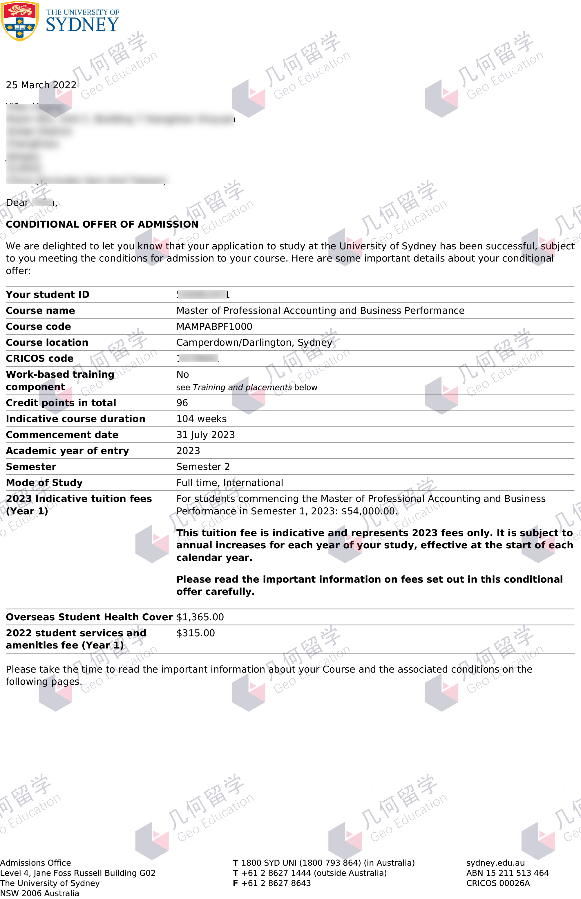 几何留学：悉尼大学专业会计和业务绩效硕士研究生offer一枚