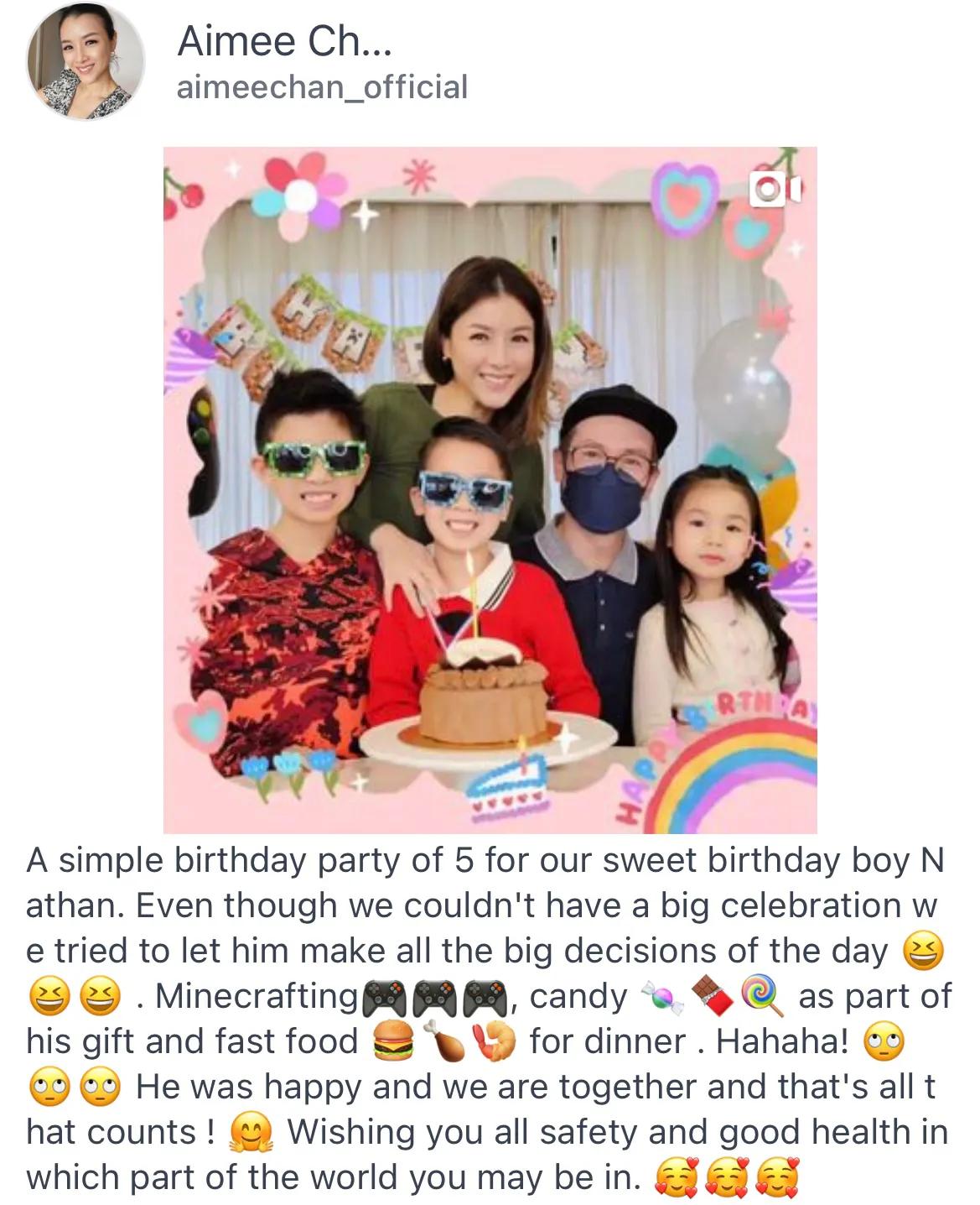 陈茵媺为次子庆7岁生日，家中无敌大海景抢镜，陈豪在家也戴口罩