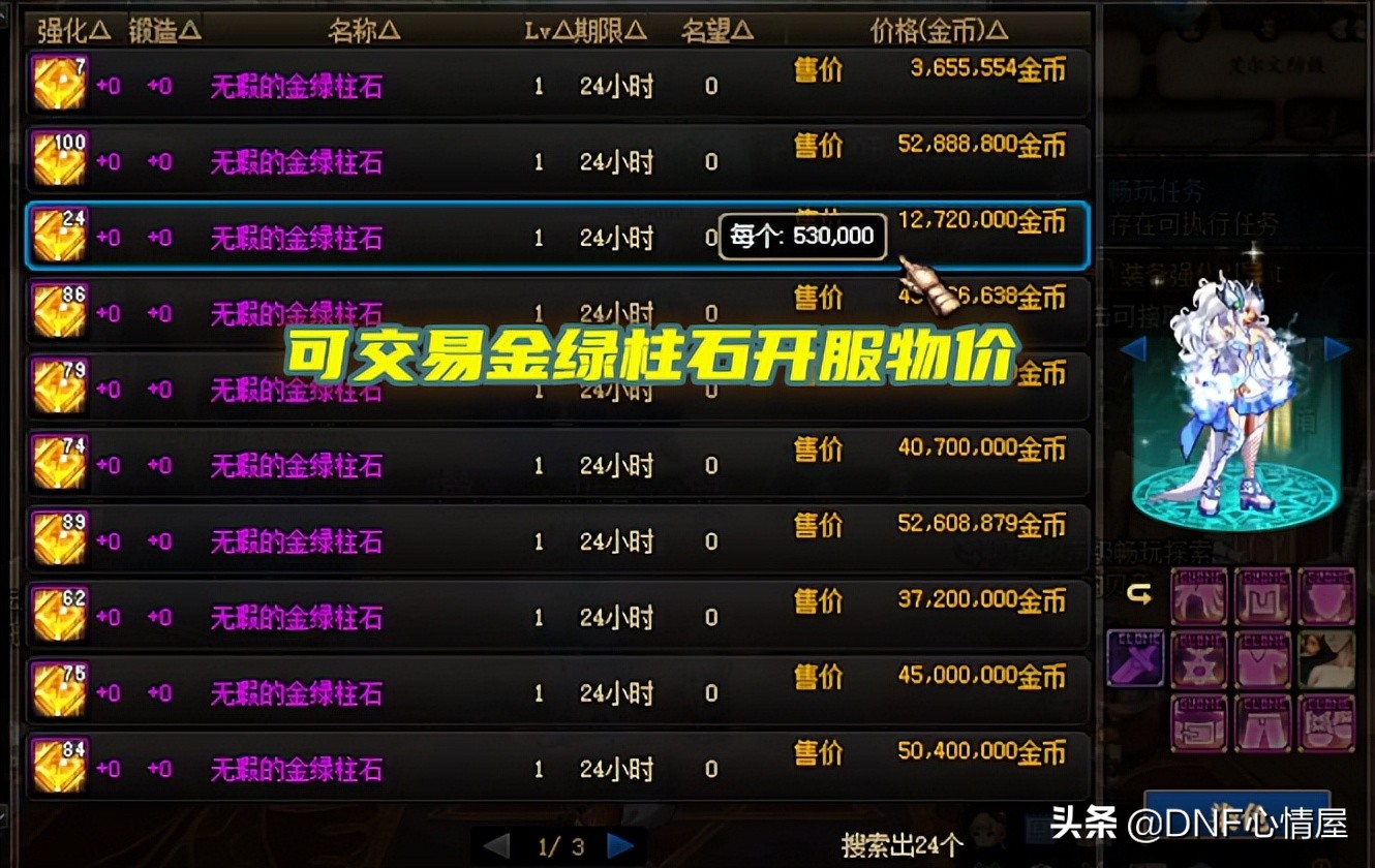 DNF：110级开服新道具物价！金绿柱石50W金币，寂静城门票12亿