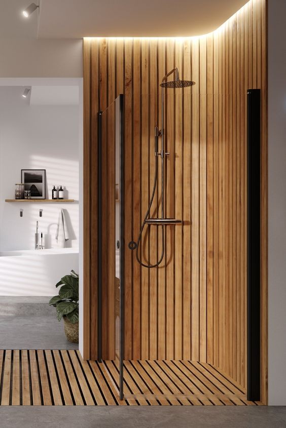 淋浴房的设计打破常规，玻璃改可抽拉木格栅，做隔断解决干湿分离