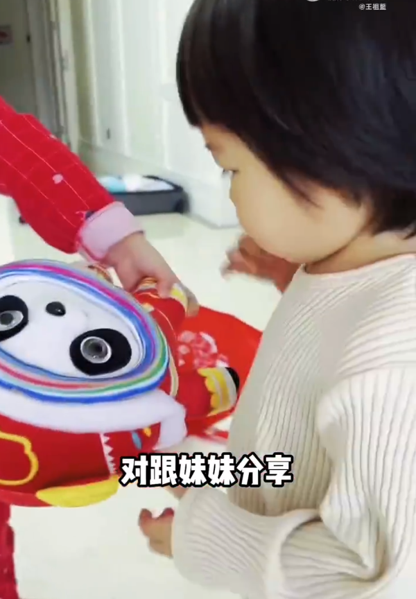 王祖蓝晒俩女儿萌态，天韵和妹妹分享冰墩墩，可爱懂事越长越漂亮