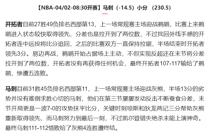 NBA让分啥意思(扫盘4/01篮球推荐，NBA预测，战况分析，让分预测 大小分预测)