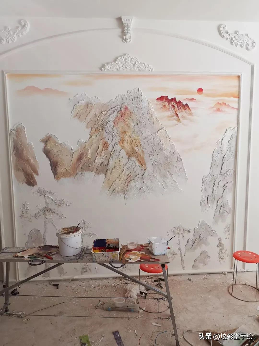 鸿运当头山水浮雕壁画 店铺风水画 墙体彩绘 装修设计