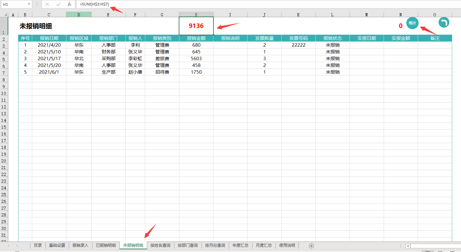 Excel费用报销管理系统，全函数自动统算提醒，一键操作超轻松