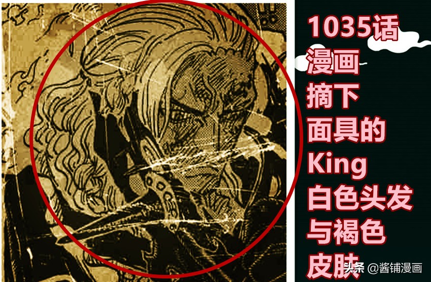 海贼王1035话，King本名叫阿贝尔，他摘掉面具后是白发与褐色皮肤