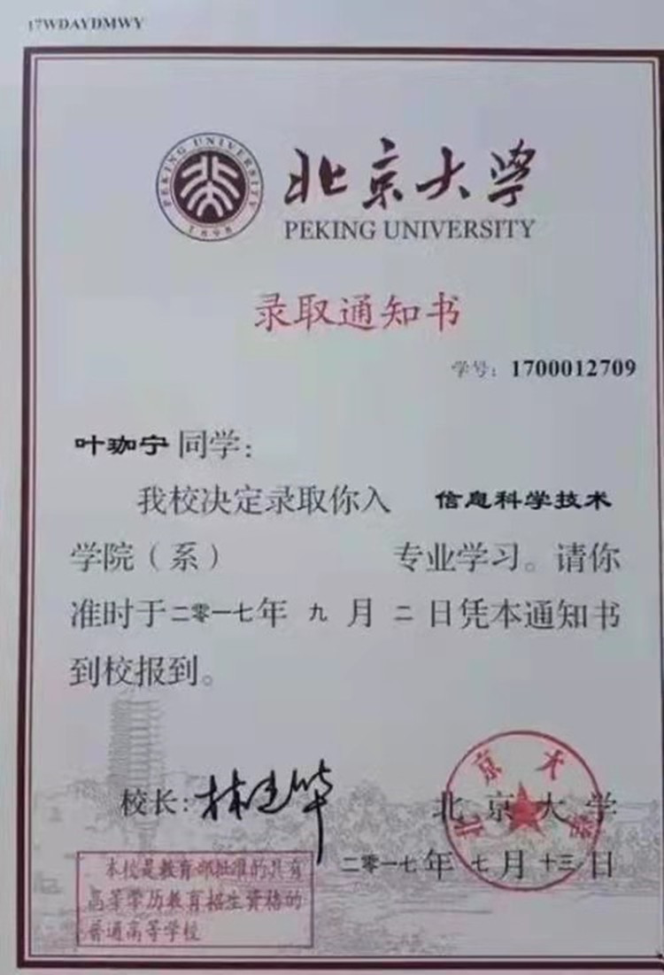 数学天才叶珈宁，上高中就被北大录取，北大：降200分也要录取他