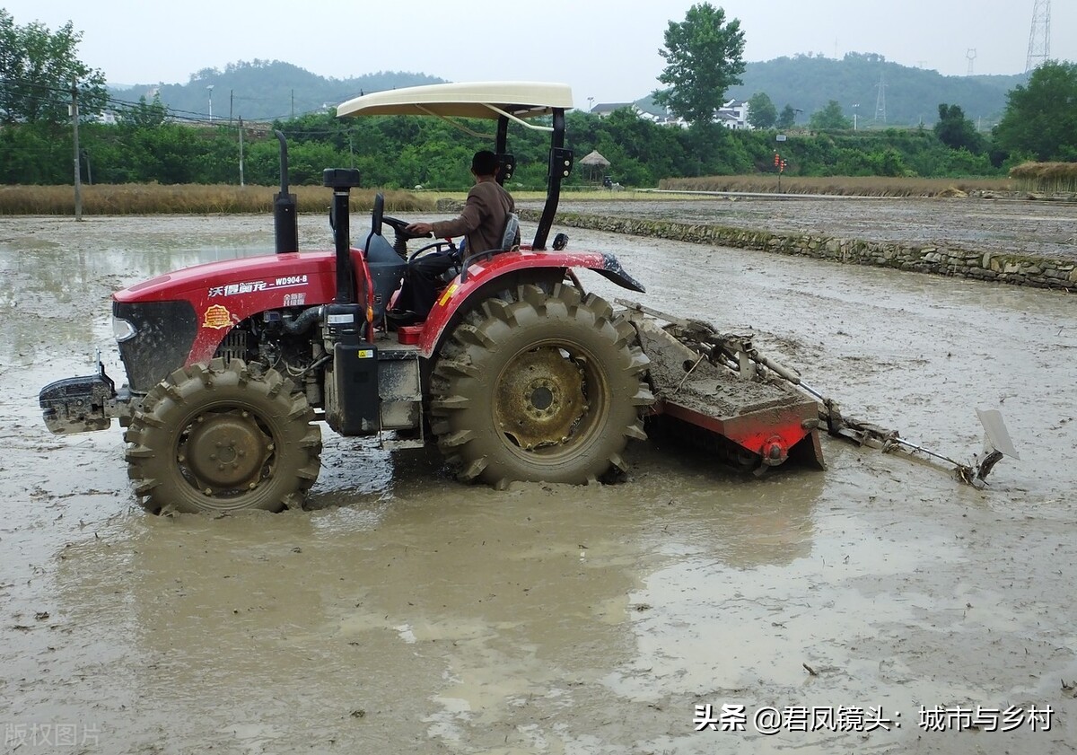 湖北宜昌：农民使用大型耕犁机耕犁水田准备种植水稻