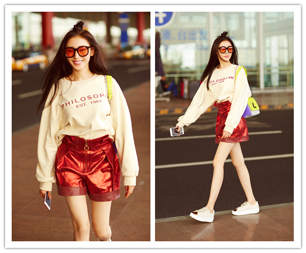 张天爱瘦得好过分，穿短裤的样子特别时髦，气质感觉没睡醒