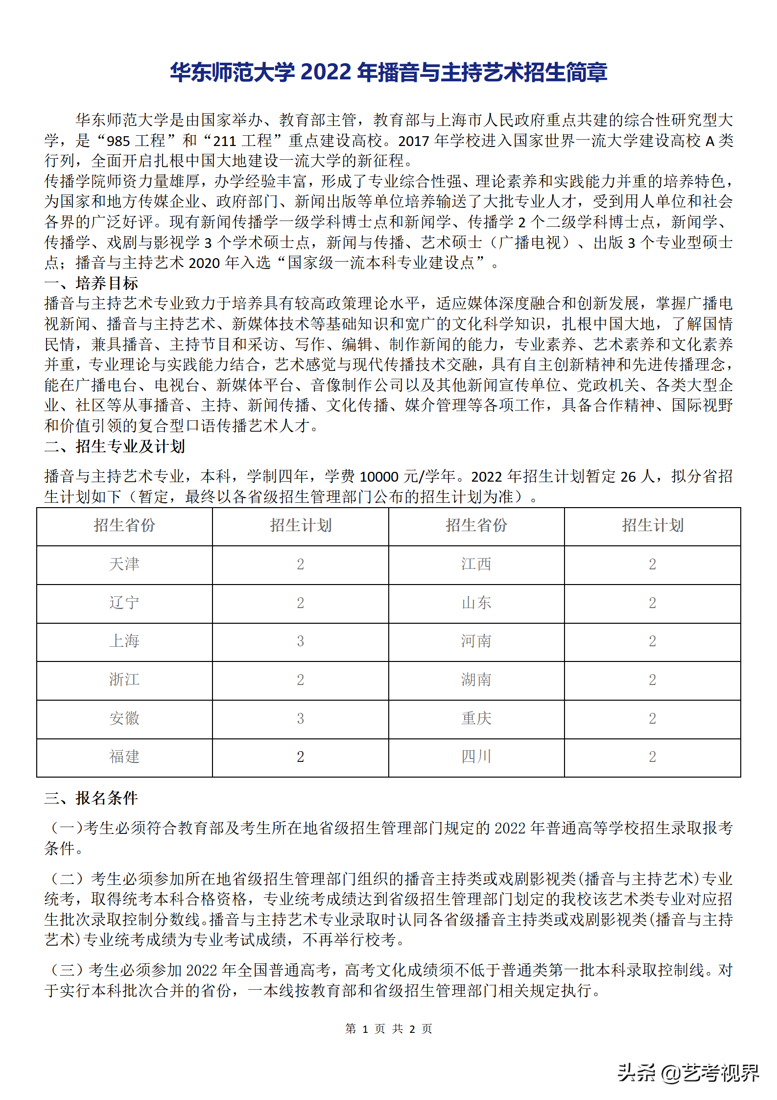华东师范大学2022年六大艺术类专业招生简章公布，拟招生287人