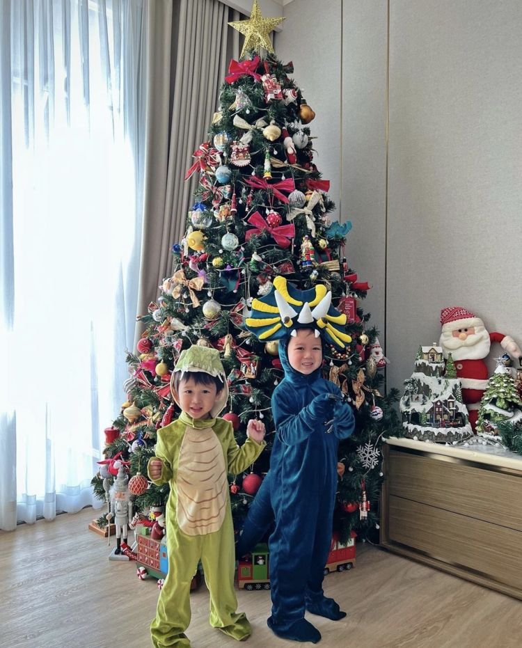 胡杏儿俩儿子扮恐龙，哥哥神情生动搞怪，闭眼亲吻弟弟超有爱