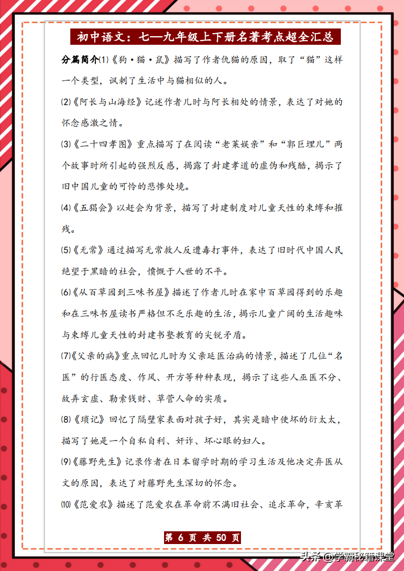 班主任：初中三年（必考）12本名著导读｜考点梳理50页，家长打印