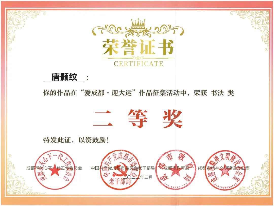 天府新区南湖小学参加“爱成都·迎大运”书法比赛并取得优异成绩