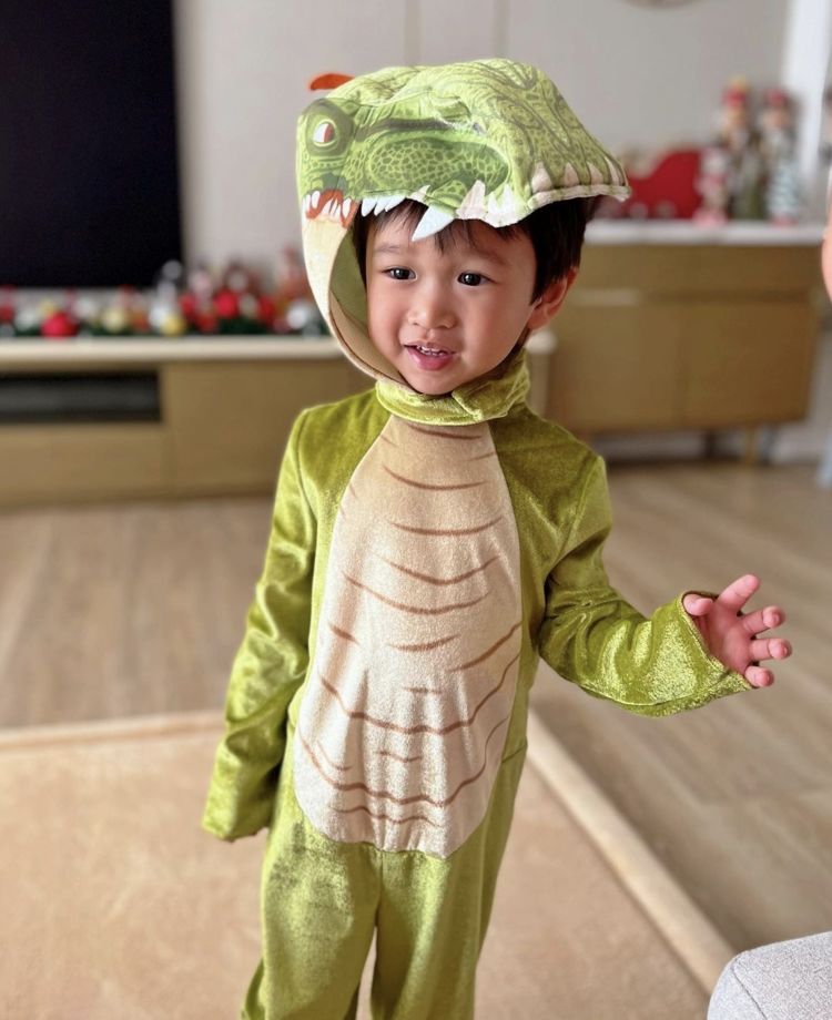 胡杏儿俩儿子扮恐龙，哥哥神情生动搞怪，闭眼亲吻弟弟超有爱