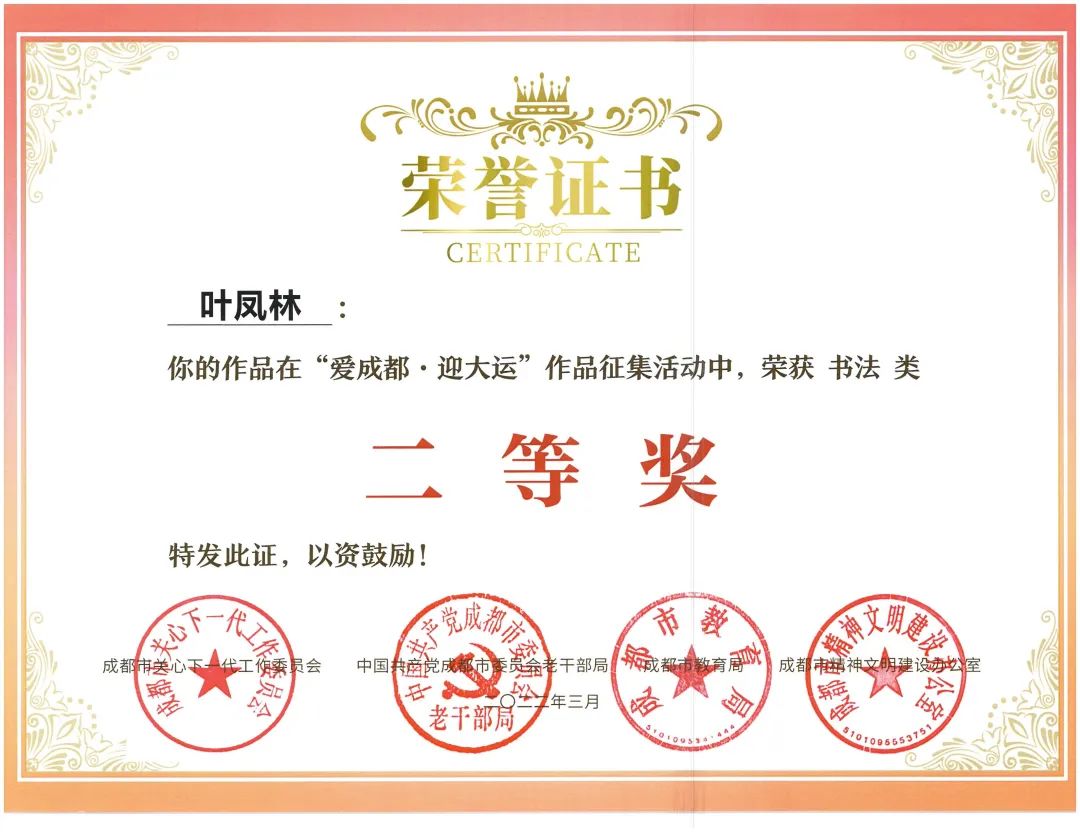 天府新区南湖小学参加“爱成都·迎大运”书法比赛并取得优异成绩