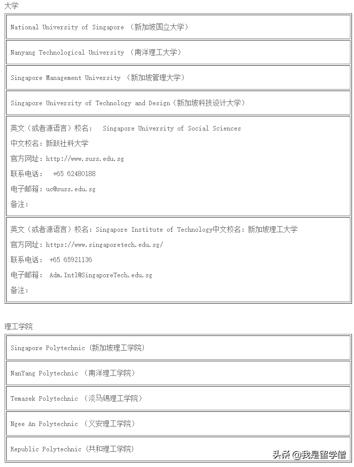 我国认可的新加坡高校有哪些？