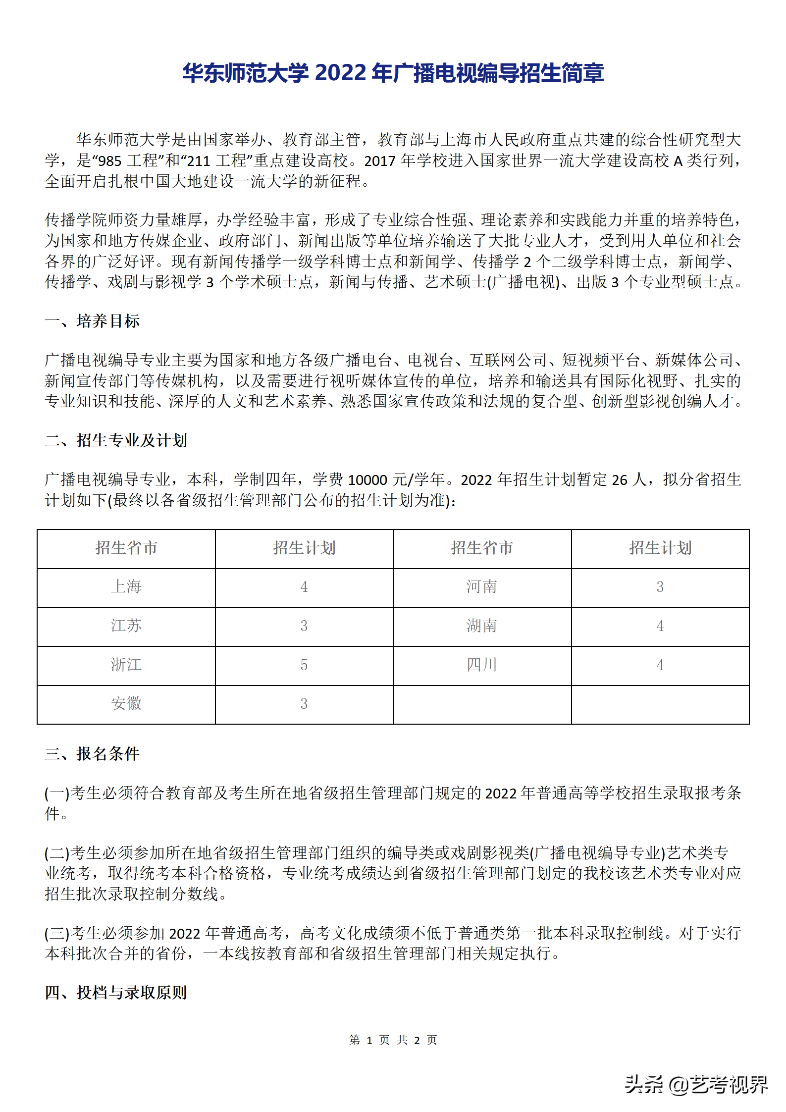 华东师范大学2022年六大艺术类专业招生简章公布，拟招生287人