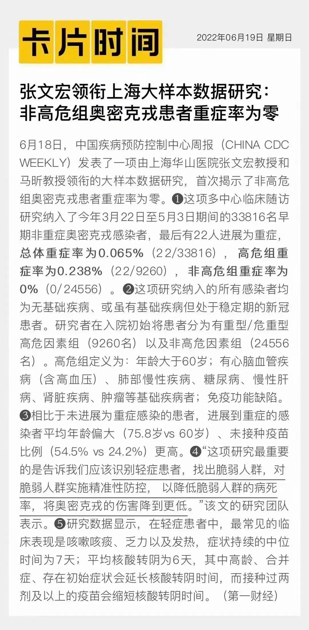 张文宏发布重磅成果：重症率为零，轻症平均6天转阴
