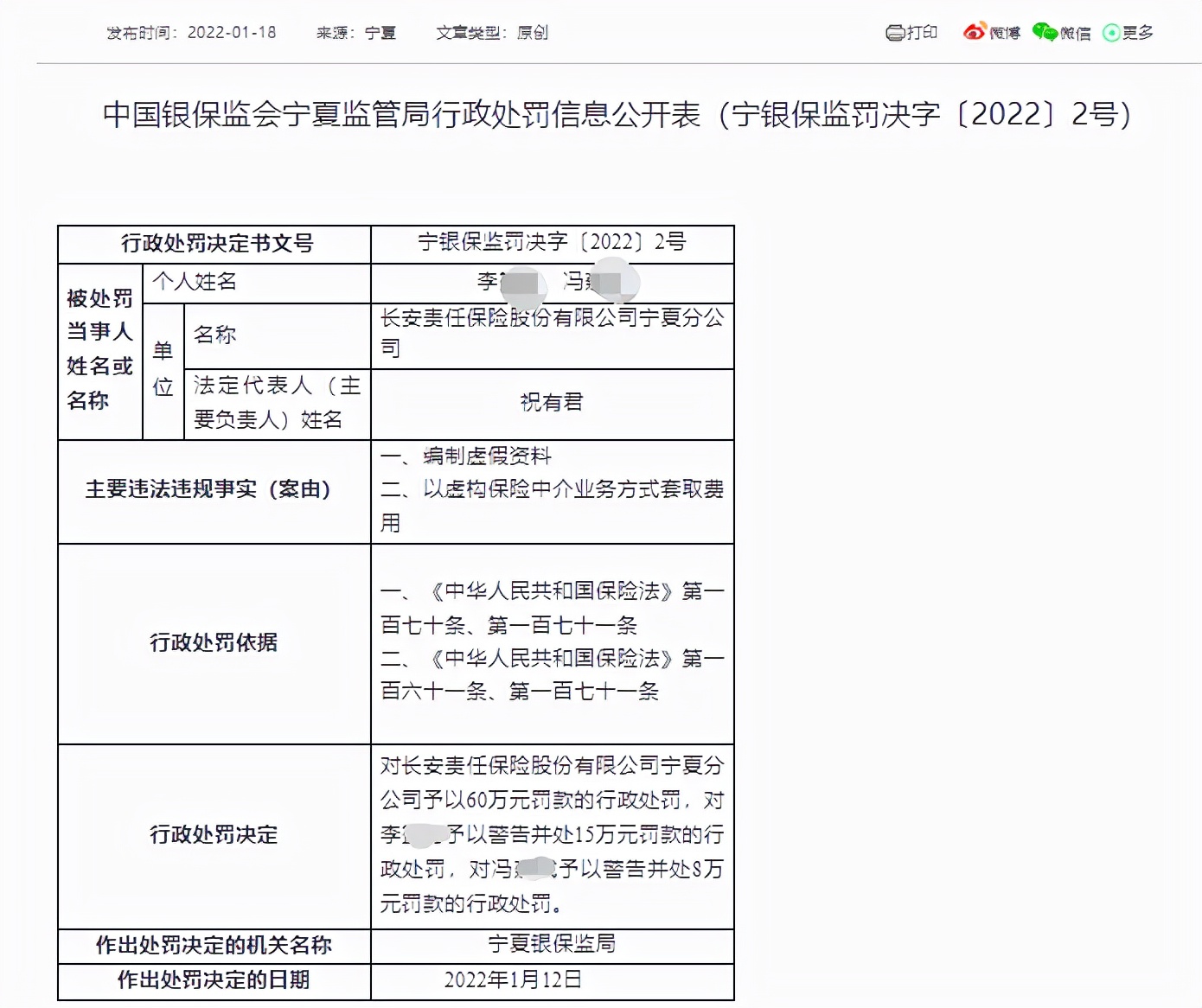 因编制虚假资料等违规行为，长安责任保险一分公司被罚60万元