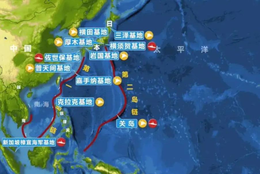 (美军在西太平洋的部分军事基地)而美国为了防止这种情况出现,就必须