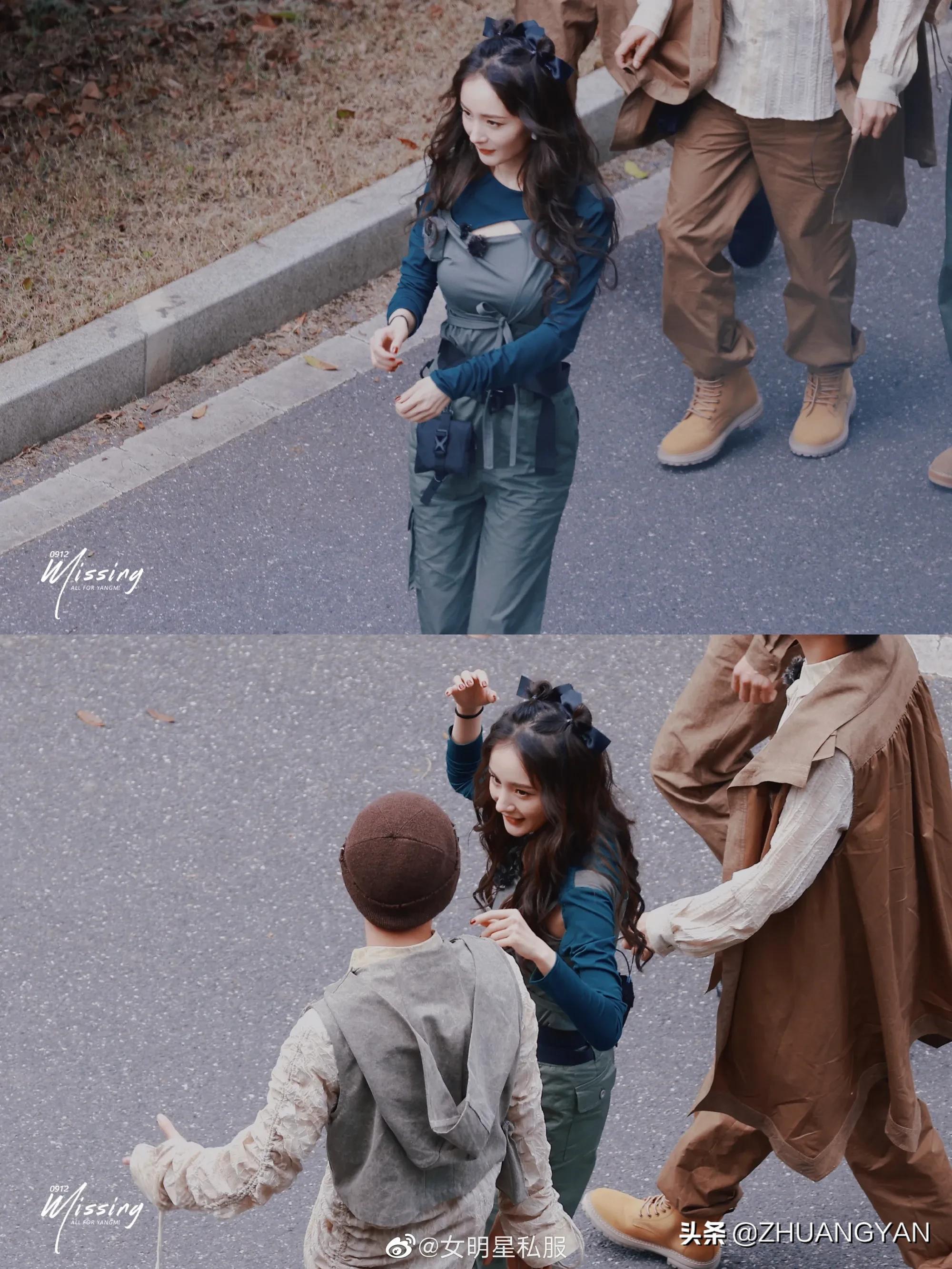 杨幂密室大逃脱的路透照公开，长得美身材辣，走起工装风又甜又酷