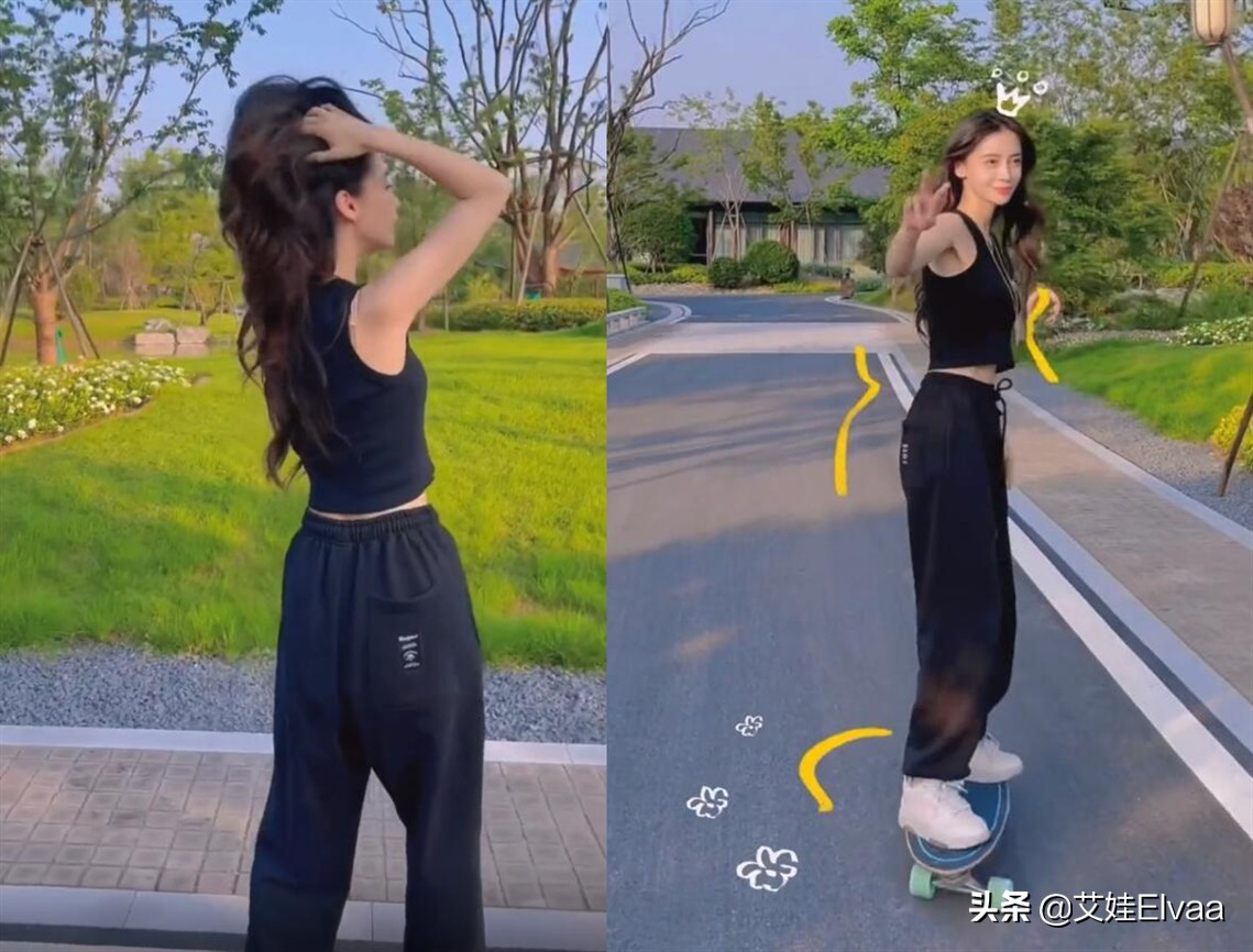 Angelababy豪宅区玩滑板，穿露脐装长裤，窄腰细腿少女身材真窈窕