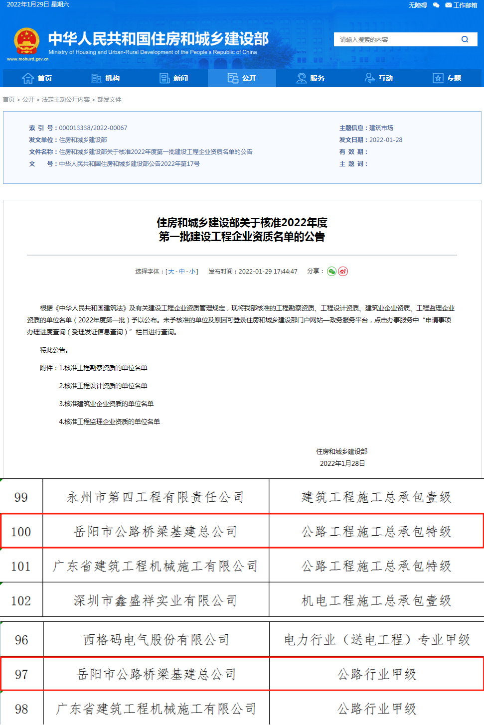 重磅喜讯！岳阳路桥成功晋升公路工程施工总承包特级资质