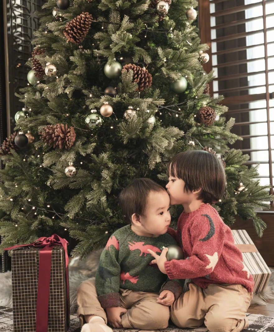 郑嘉颖圣诞节晒全家福，和陈凯琳给儿子们举高高，画面幸福洋溢