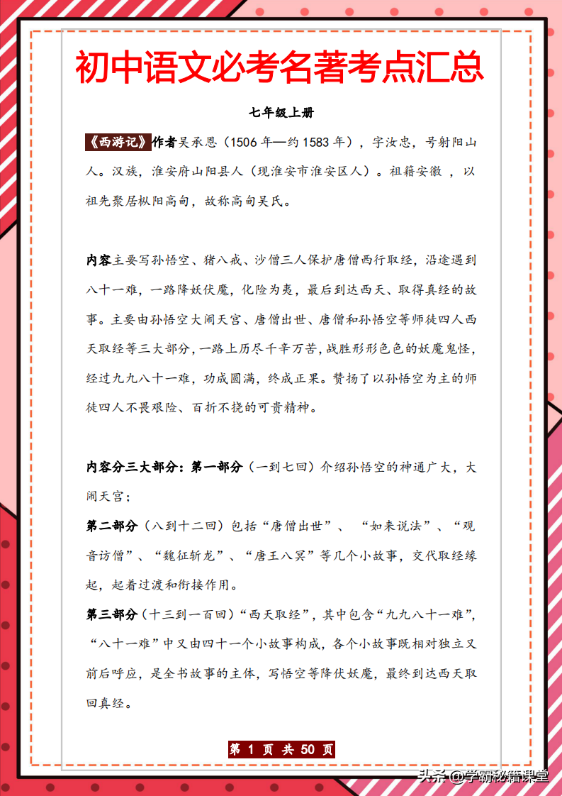班主任：初中三年（必考）12本名著导读｜考点梳理50页，家长打印