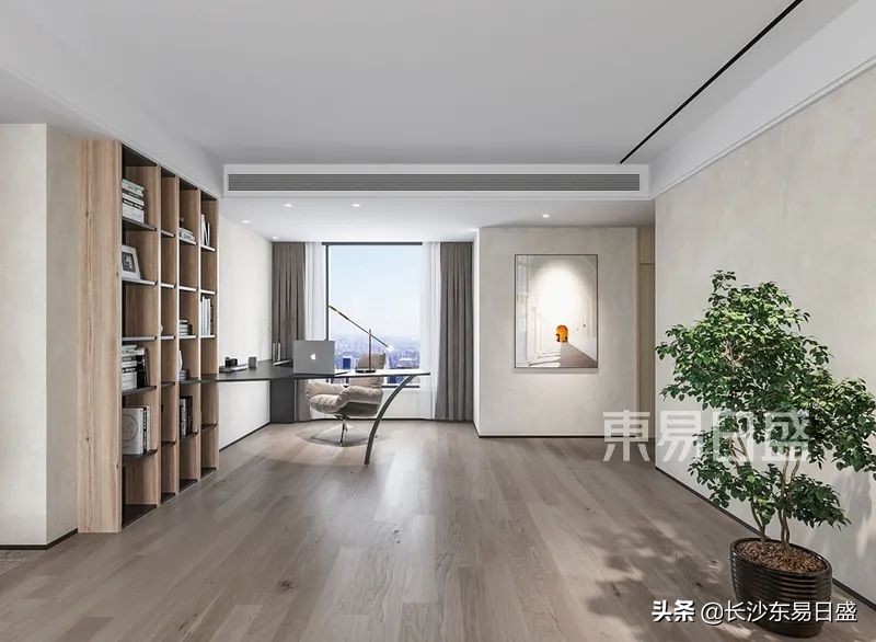 136㎡现代简约风，书房和客厅融为一体，增大整体视觉面积