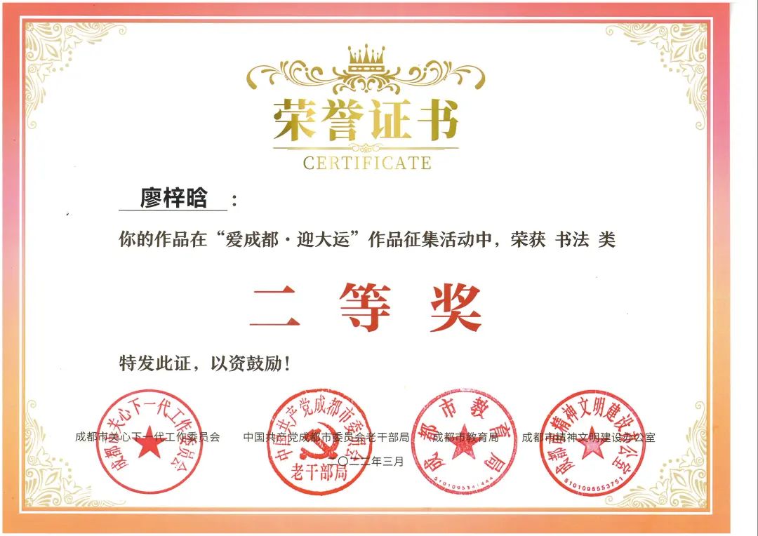 天府新区南湖小学参加“爱成都·迎大运”书法比赛并取得优异成绩