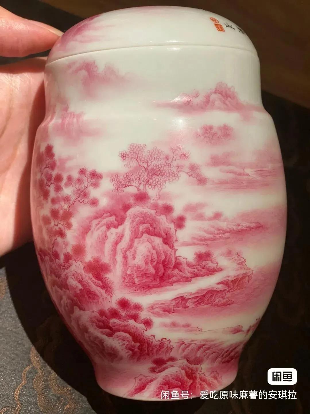 景德镇陶瓷釉上彩玛瑙红山水,手工绘制精品瓷器