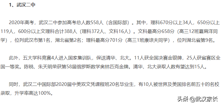 2021年湖北武汉“考得比较好”的6所高中高考成绩