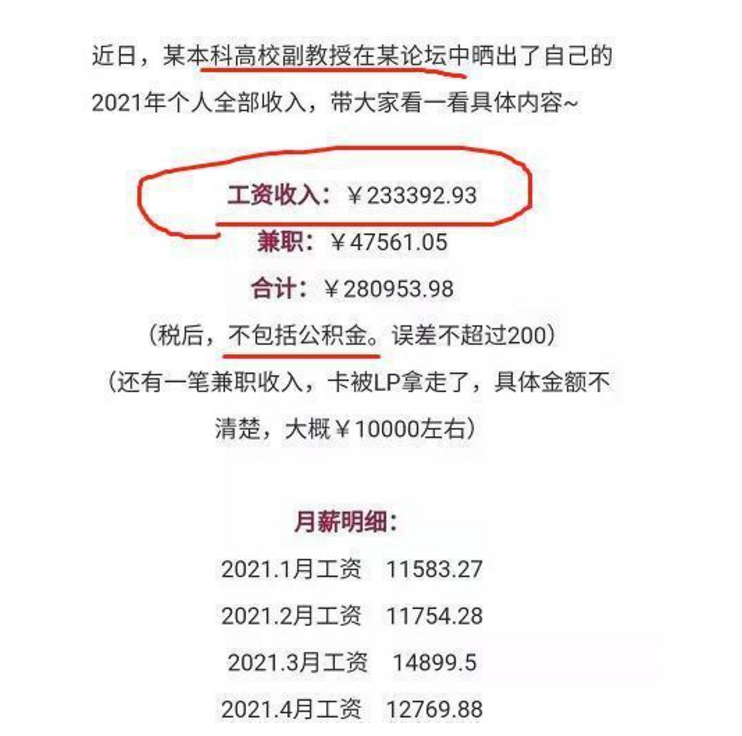 多位高校教授晒工资单，“1.5万”让网友为其打抱不平，实属不高