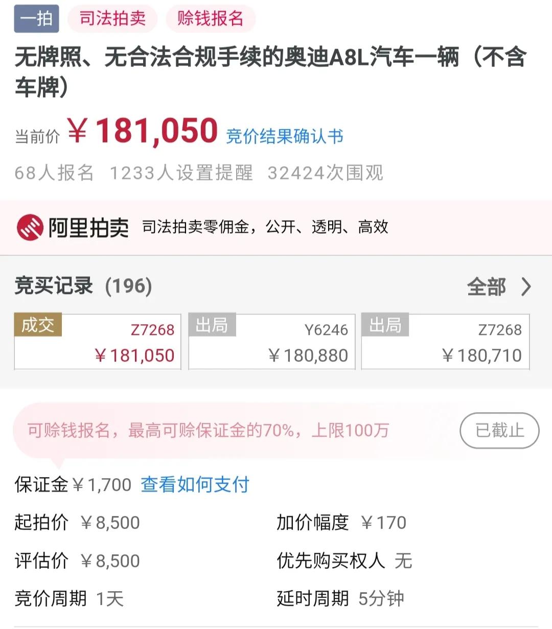 山东一评估8500元奥迪A8L，被拍卖181050元，买主不可思议