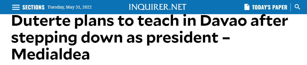 卸任后去哪？菲律宾总统杜特尔特：想回达沃市当老师