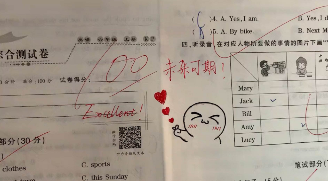 在考试中每个学生都想得到满分的好成绩,六年级的一名学生在一次英语