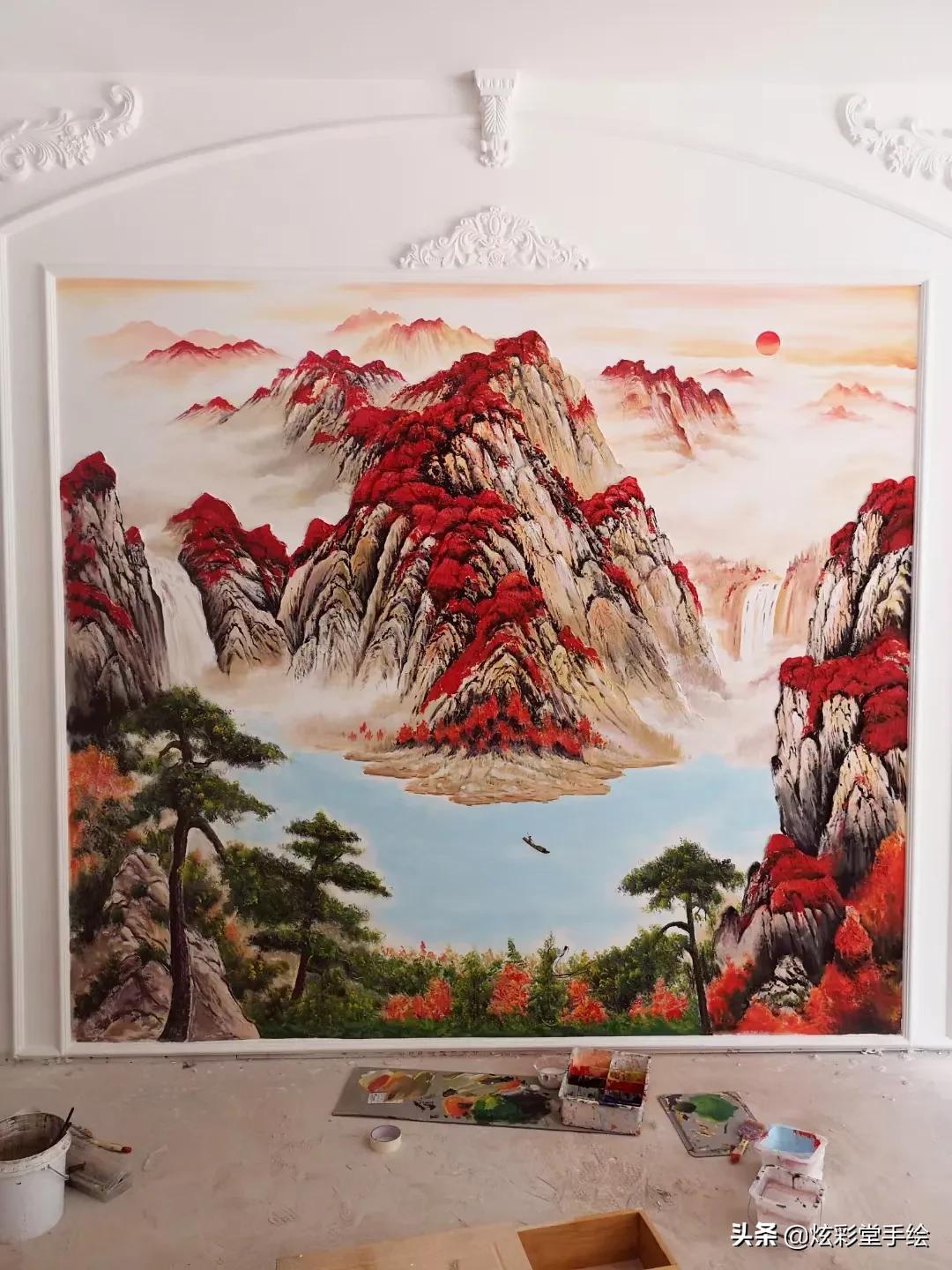 鸿运当头山水浮雕壁画 店铺风水画 墙体彩绘 装修设计