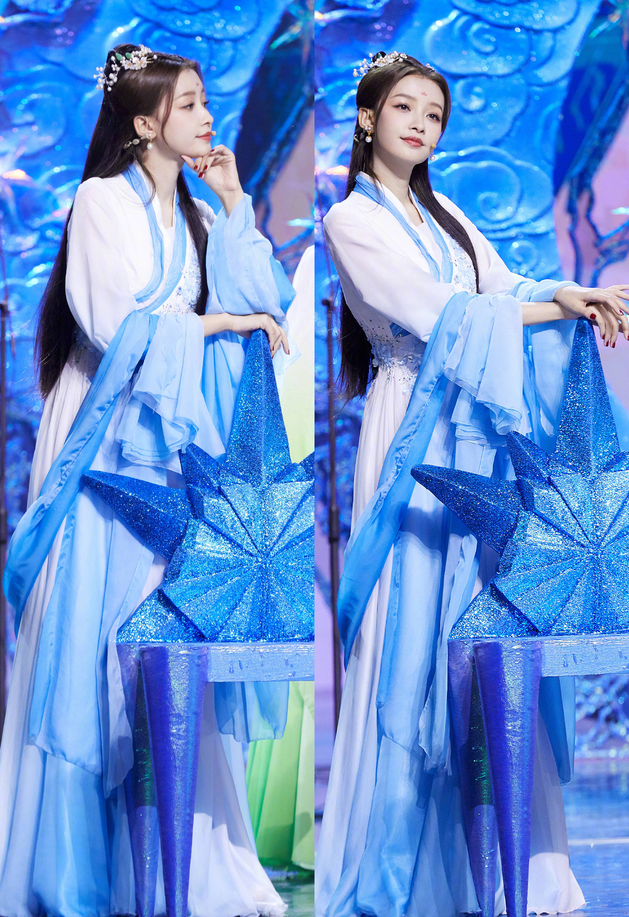 孙怡着蓝色汉服长发披肩表演 温婉优雅又可爱灵动