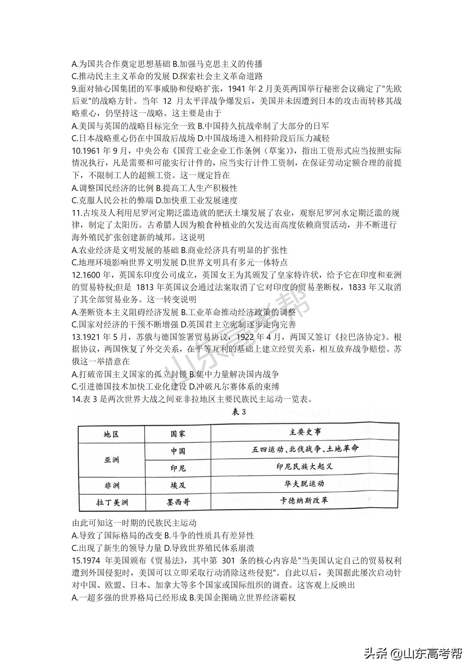 2022年3月济南市高考模拟考试历史试卷及答案