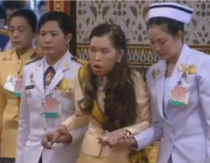 65岁的朱拉蓬公主，穿白大褂配卷发型状态好，同框诗琳通给树浇水