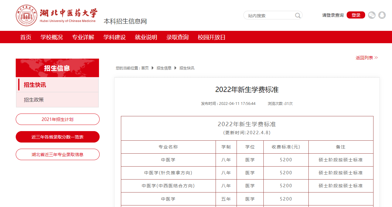 湖北中医药大学专升本学费一个学期多少钱？2022学费新出炉