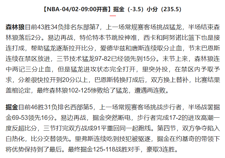 NBA让分啥意思(扫盘4/01篮球推荐，NBA预测，战况分析，让分预测 大小分预测)