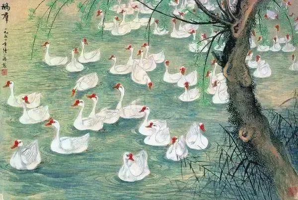 水中花白鹅，诗画溢欢歌：“白鹅”诗词20首，国画白鹅46幅