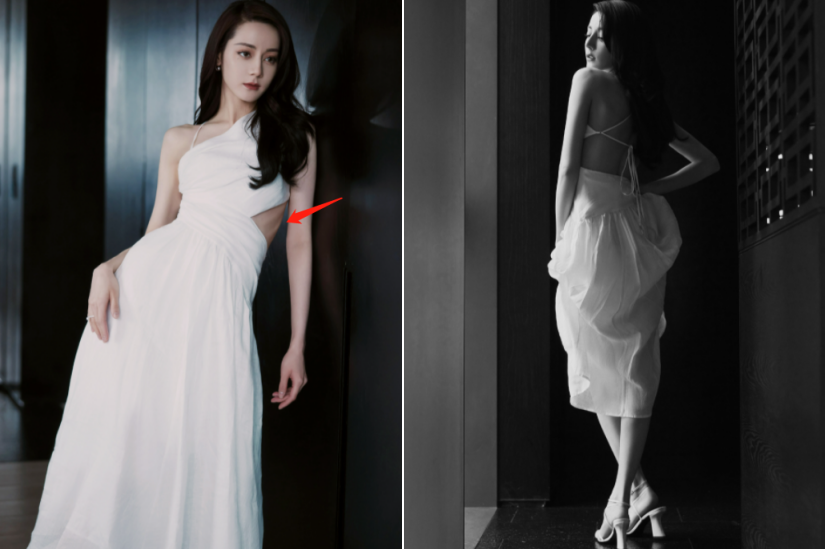 迪丽热巴坐地上拍照!穿露背长裙骨头突出,腰太细用2个夹子固定