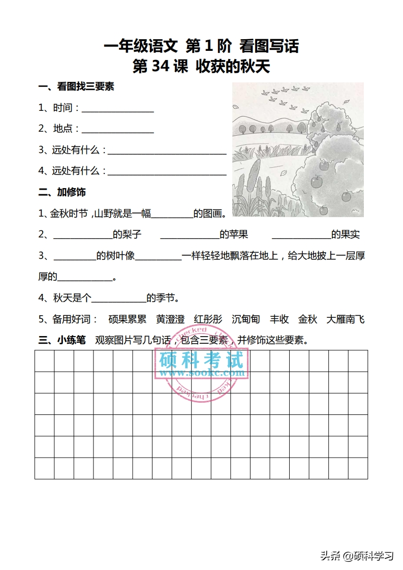 一年级语文下册「看图写话」+同步配套练习，共100篇，日常学习用