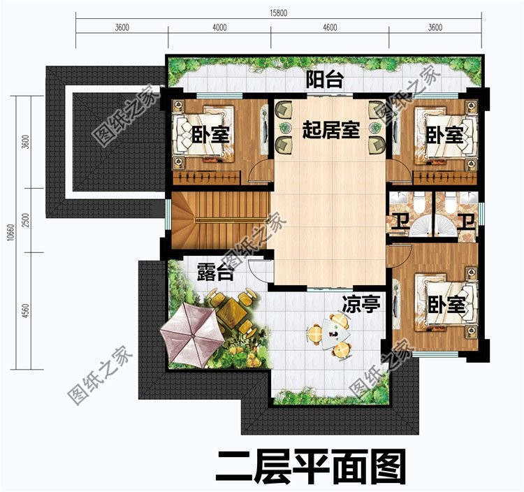 大面积露台设计，户外娱乐空间充裕，享受乡村的美好风光