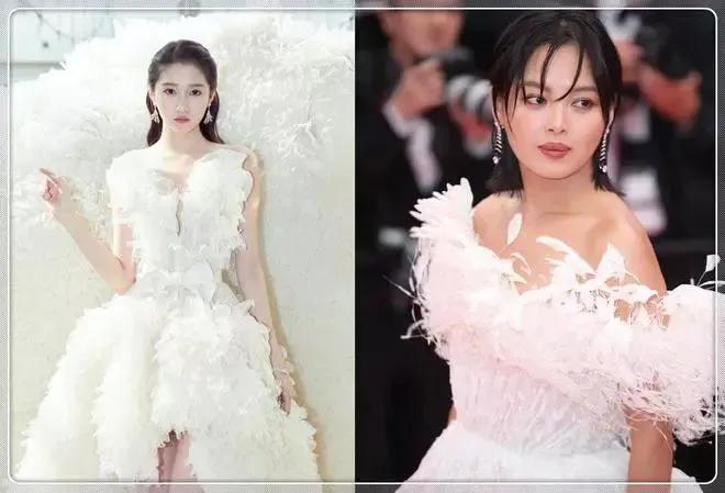 同穿羽毛裙比美：在关晓彤少女感的衬托下辛芷蕾高级感荡然无存