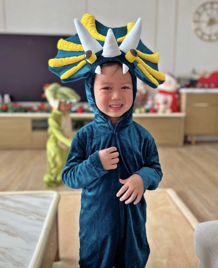 胡杏儿俩儿子扮恐龙，哥哥神情生动搞怪，闭眼亲吻弟弟超有爱